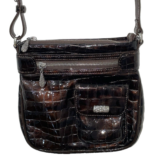 Brighton Croco Embossed Brown Patent Leather Organizer Cross Body Purse Handbag - Picture 1 of 16